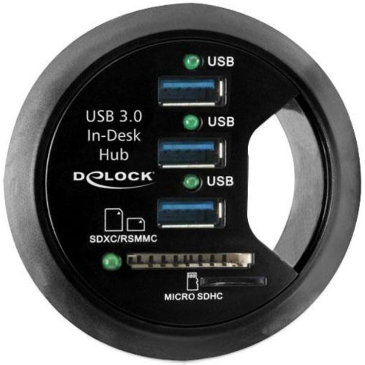 Image of Delock 3 poorten USB 3.0 hub met ingebouwde SD-kaartlezer Zwart