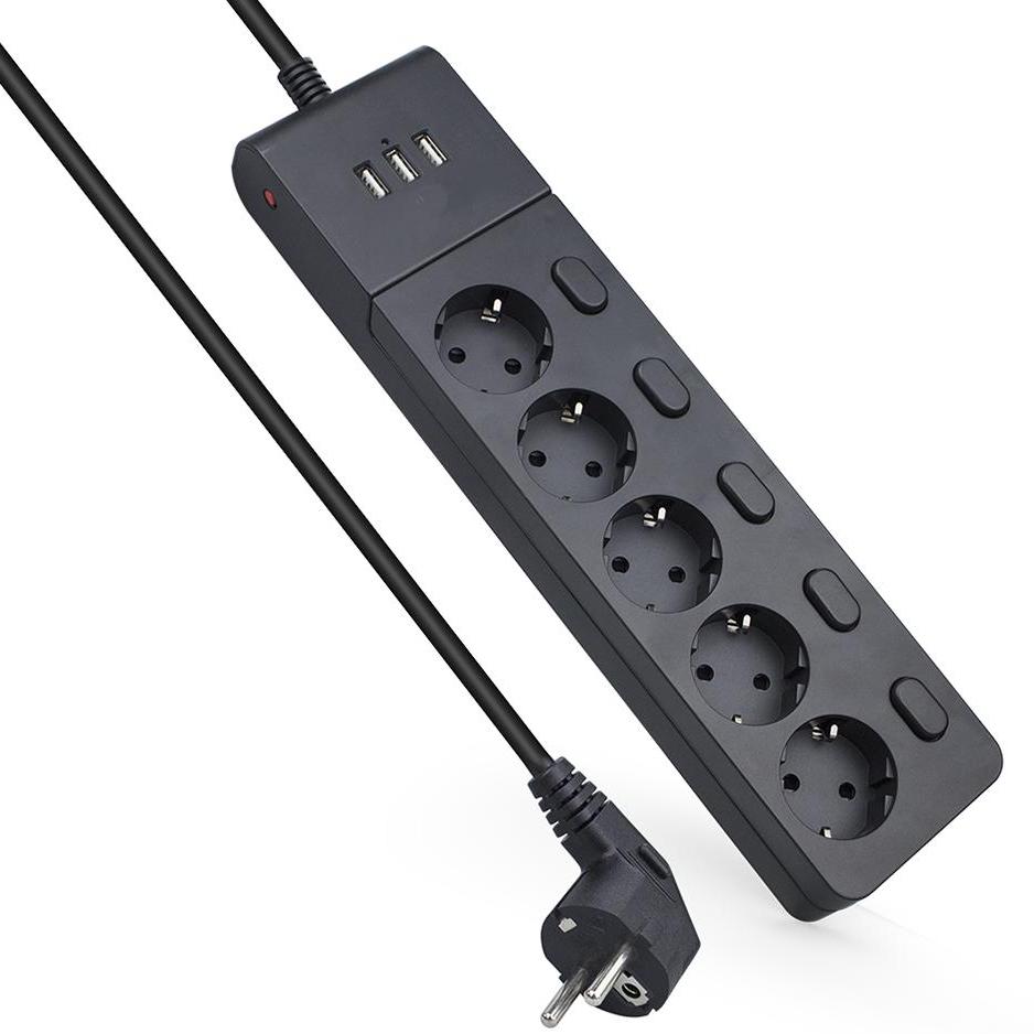 5-voudige stekkerdoos met 3 USB-poorten zwart - Allteq