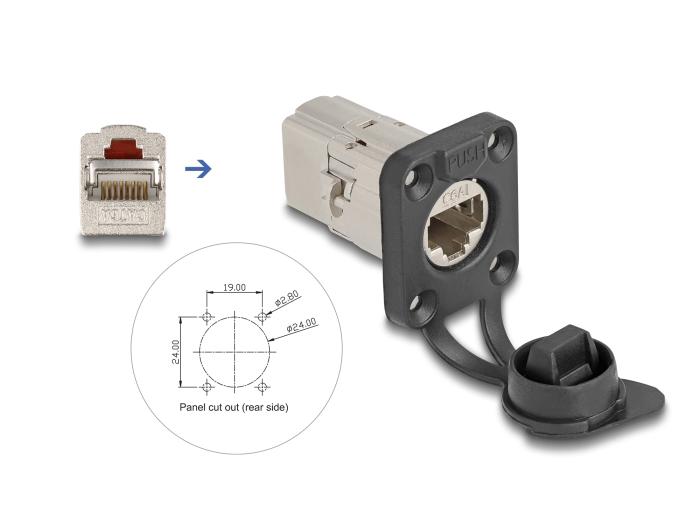 Delock D-Type RJ45 inbouwdoos / koppeling Cat.6A STP met beschermkap IP66
