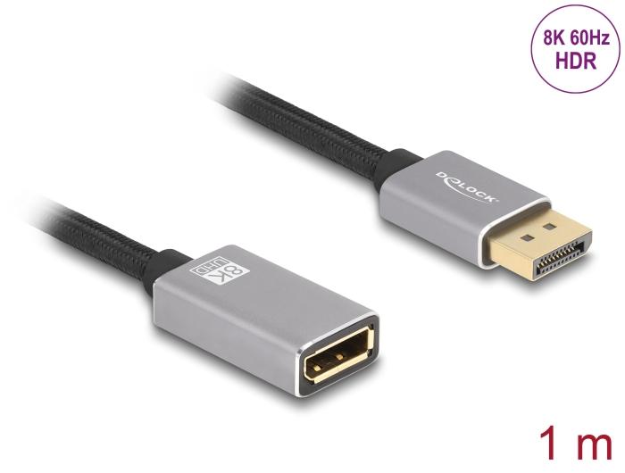 Delock DisplayPort verlengkabel 8K 60 Hz 1 m grijs metaal zonder vergrendelingsfunctie