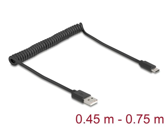 Delock USB 2.0 Spiralkabel USB type-A stekker naar USB Type-C™ stekker 0,45