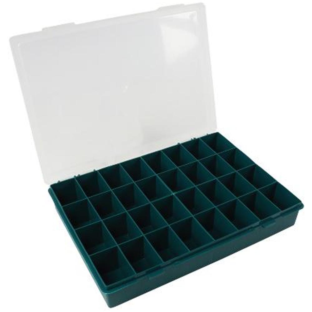 Assortimentsbox - Assortimentsdoos Aantal vakken: 32 Indeling: vast Materiaal: Afm. (lxbxh): 330x250x54mm Kleur: groen