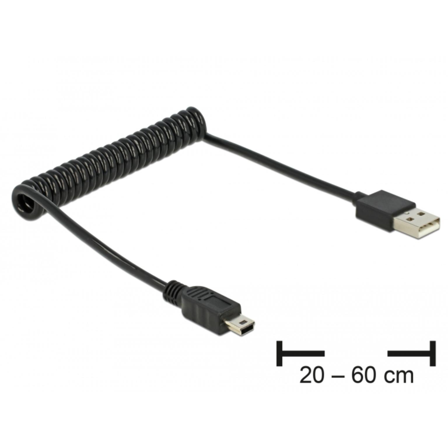 MINI 2.0 SPIRAALKABEL - Mini USB 2.0 spiraalkabel, Connector USB A male, Connector 2: 5p mini USB B male, 0.20 tot 0.60 meter.