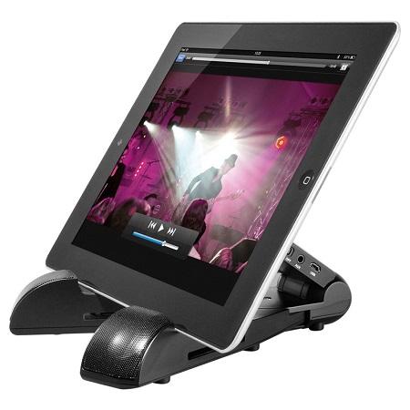 Academie Wanorde zitten Tablet standaard met bluetooth speakers - Cabstone - Tablet standaard met  luidsprekers, Merk: Cabstone - Soundstand, Audio ingang: 3.5 mm jack,  Bluetooth, Voeding: Accu (oplaadbaar via USB), Bereik: Max. 10 meter,  Vermogen: 2x 2.5 Watt