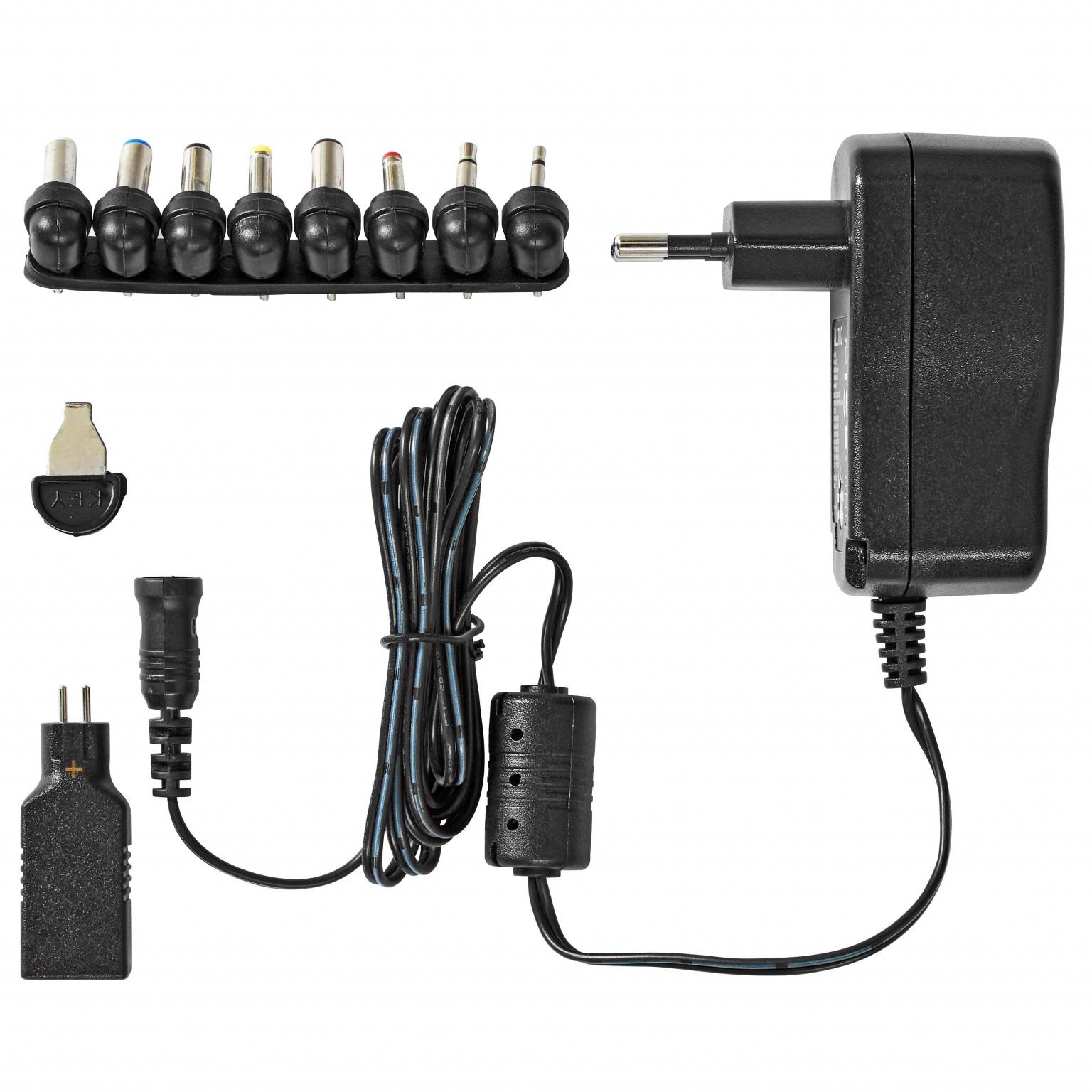 Product punch rekruut Universele Voedingsadapter - 3 - 12 volt AC/DC adapter, Max. 7.2 W en 0.6  A, Voedingsstekkers: 9 stuks, Ingangsvoltage: 100 - 240 V AC, 50/60 Hz,  Uitgangsvoltage: 3 - 12 V DC