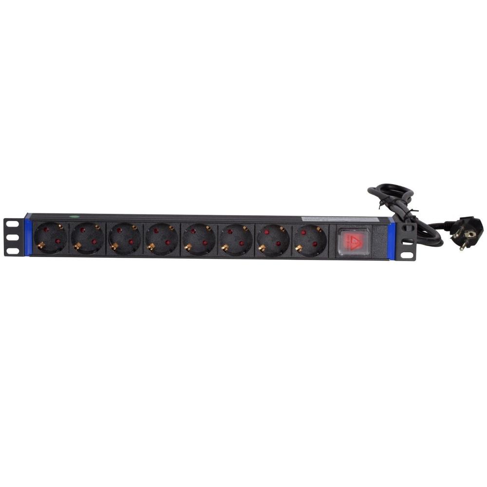 1U Stekkerdoos 8-voudig 19 Inch 483x44x44mm (BxDxH) Patchkast Wandkast Datakast