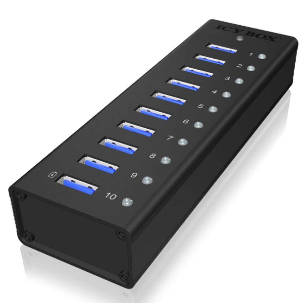 i-tec USB 3.0-hub met 10 poorten voor het opladen met aan/uit-schakelaars – hub met externe voeding 48 W