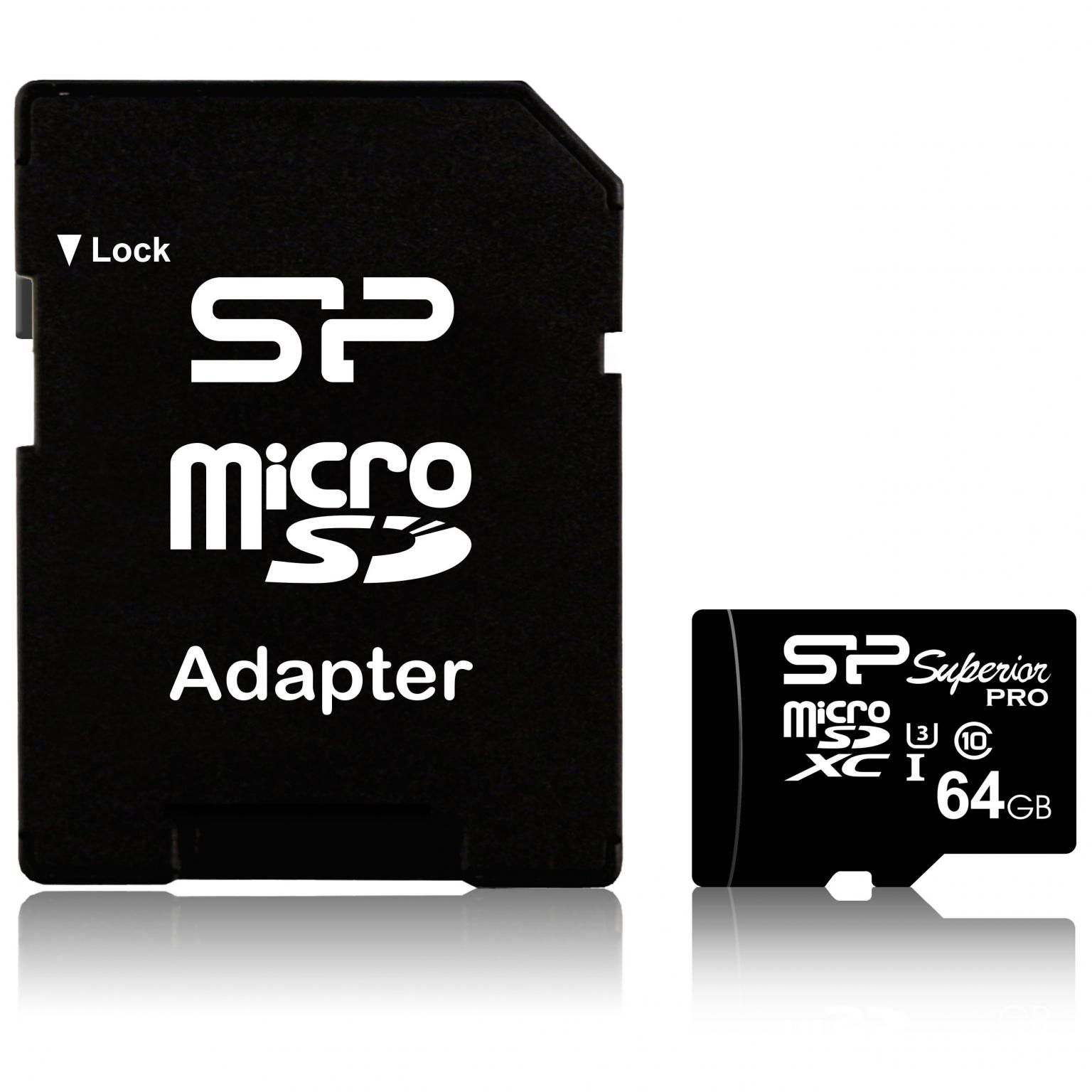 Micro SD kaart - 64 GB - Merk: Silicon Power - SDHC Superior Pro, UHS-3 Hoge voor 4K film, Leessnelheid: 90 MB/s, Schrijfsnelheid: 80 MB/s, Opslagcapaciteit: 64 GB.