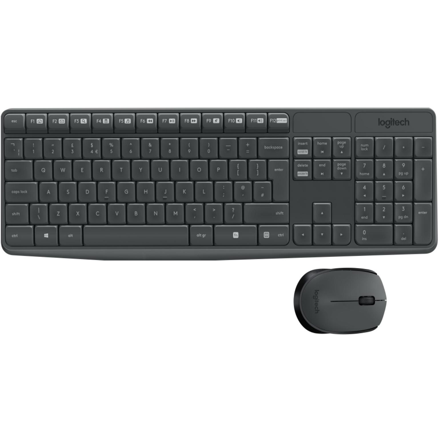 Draadloos toetsenbord met muis - Logitech - Merk: Logitech Indeling: Rubberdome over membrane, Aansluiting: Draadloos USB, Extra: 15 Multimediatoetsen, Voeding: 1x AA/2x AAA batterijen (incl).