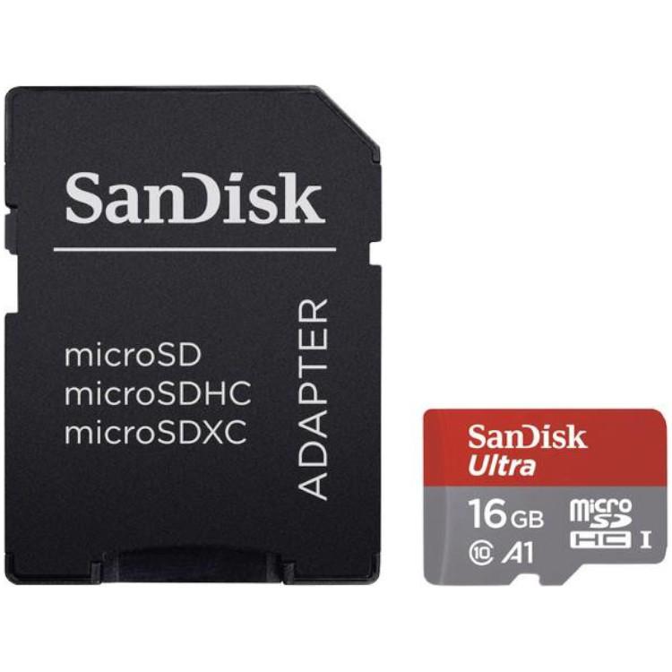 Micro SDHC geheugenkaart - 16GB - Micro SDHC geheugenkaart, Merk: Sandisk, Inclusief: adapter van Micro SD naar SD, Leessnelheid: 98 MB/s, 25 MB/s, Opslagcapaciteit: 16 GB.