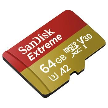 Micro SD kaart - 64 GB - Merk: Sandisk -SDXC Extreme, UHS-3 schrijfsnelheid voor 4K film, adapter naar SD, Leessnelheid: 160 MB/s, MB/s, Opslagcapaciteit: 64 GB.