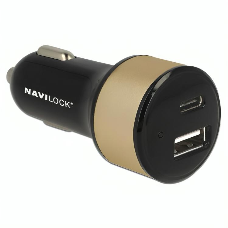 Wens accent Demon USB C autolader - Merk: Navilock, Aansluiting 1: Sigarettenaansteker,  Aansluiting 2: USB A female, USB C female, Ingangsspanning: 12/24 Volt,  Laadstroom: 2400 - 3000 mA.