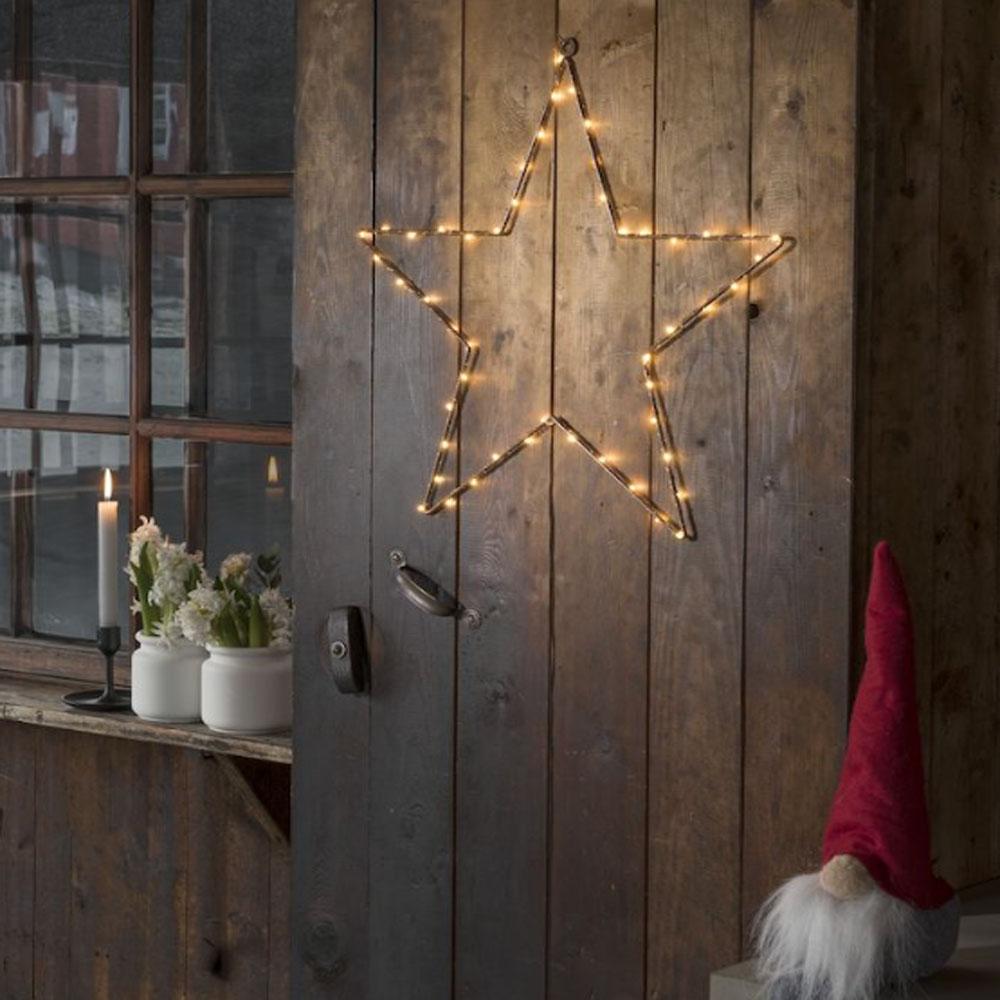 Metalen kerstster silhouet 40 cm om op te hangen zwart voor buiten met timer - 40 LED - ster raamafbeelding warm wit verlicht batterij - Kerstmis advent muurschildering decoratie lamp