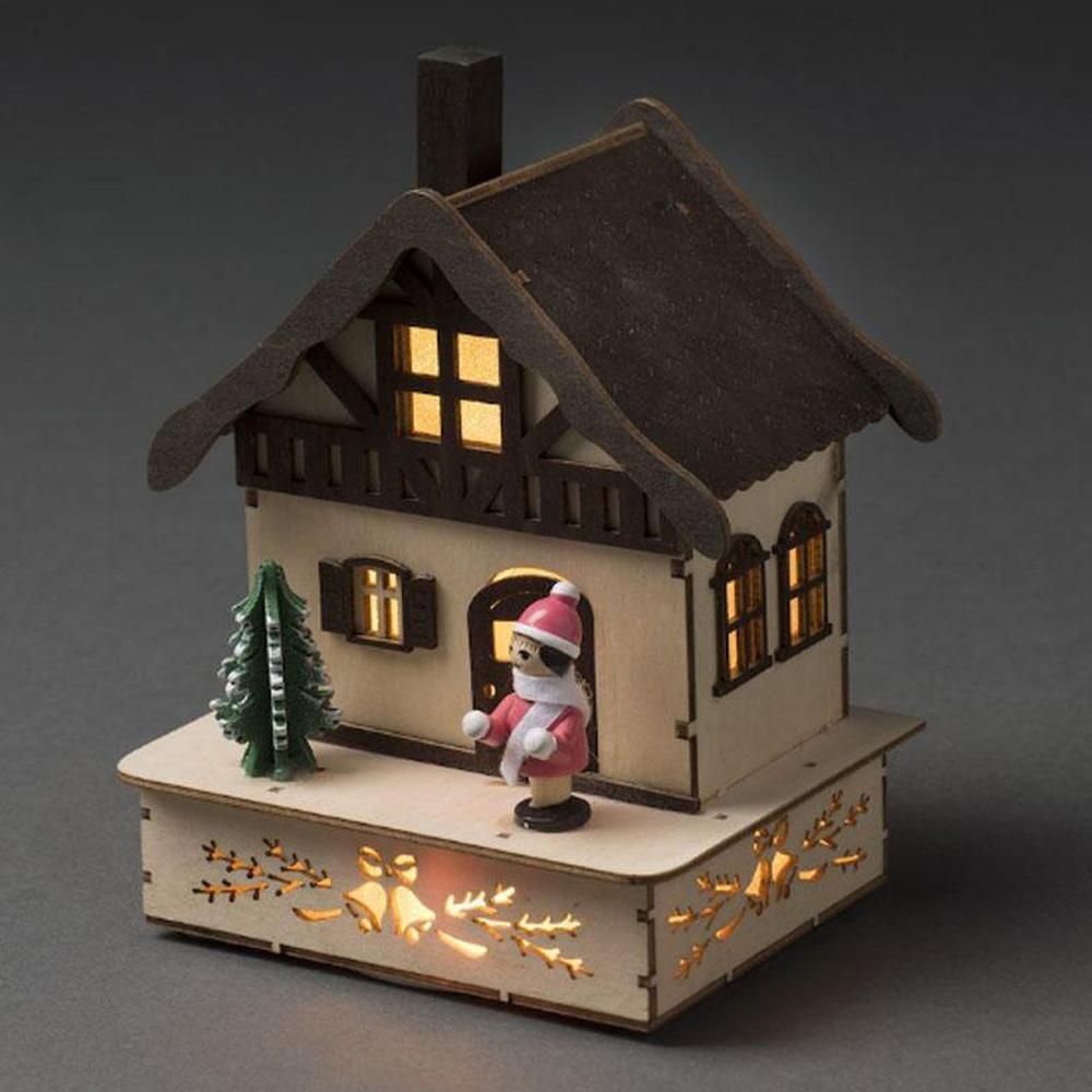 Kersthuisje - led kerstverlichting binnen - 4 lampjes - 12 x 14 cm - warm wit - 3x AA