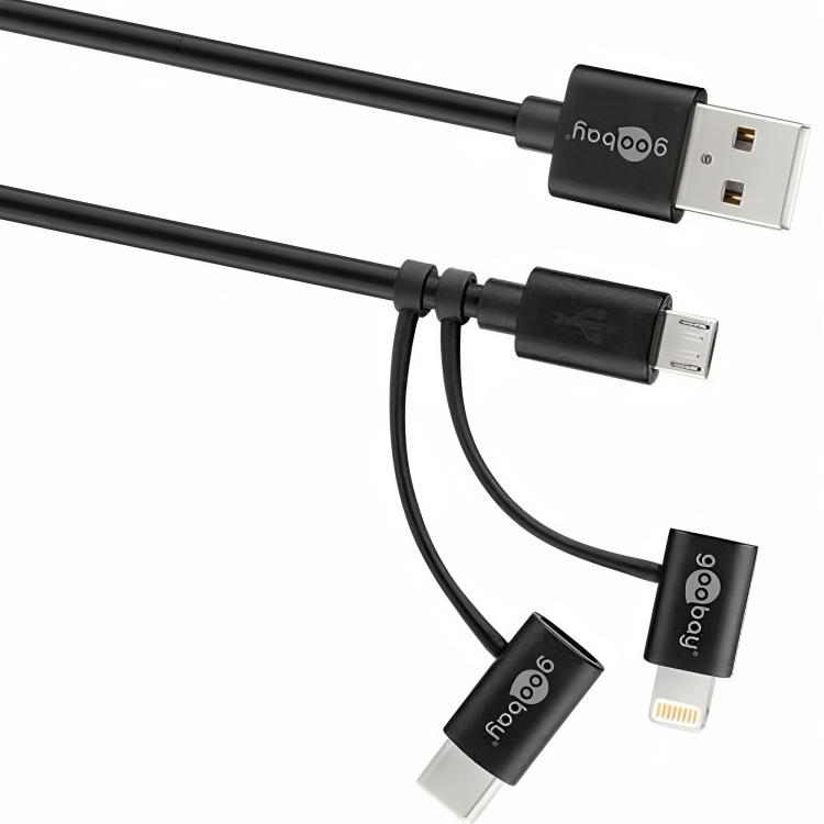 test Emotie vacature USB C 3 in 1 kabel - Versie: 2.0 - HighSpeed Aansluiting 1: USB A male  Aansluiting 2: USB micro male Aansluiting 3: Lightning male Aansluiting 4:  USB C male