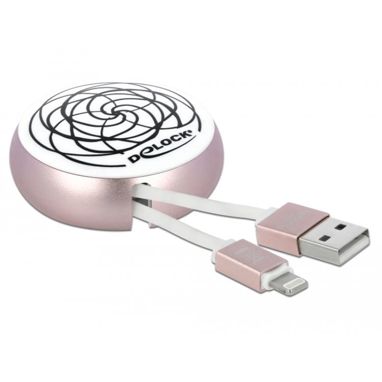 Delock USB 2.0 Type-A naar Lightning™ 8 Pin Intrekbare Kabel wit/roze - Delock