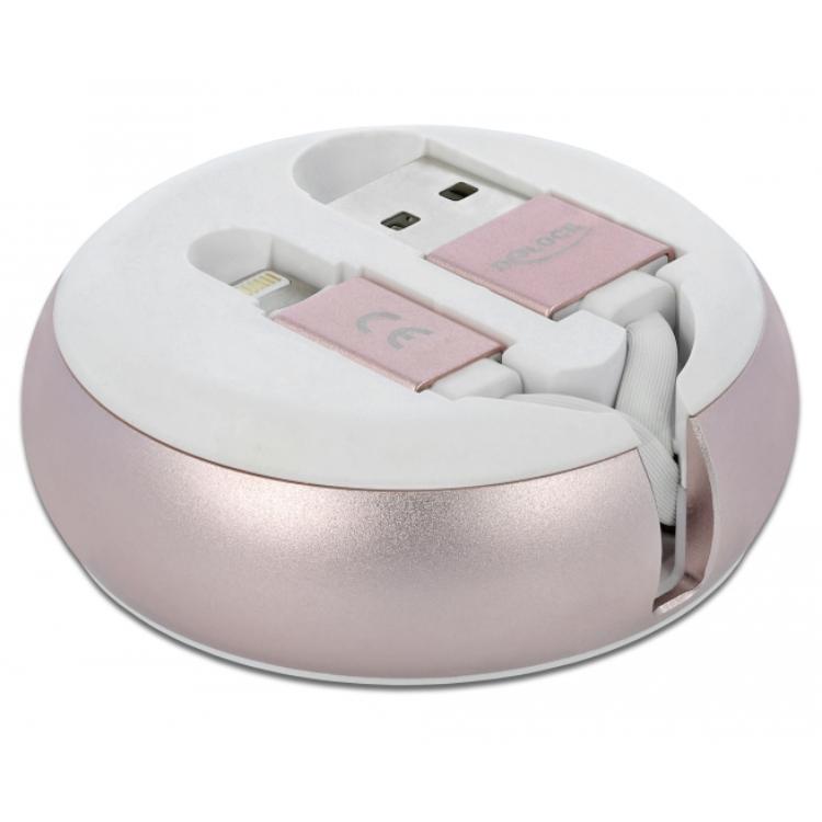 Delock USB 2.0 Type-A naar Lightning™ 8 Pin Intrekbare Kabel wit/roze - Delock