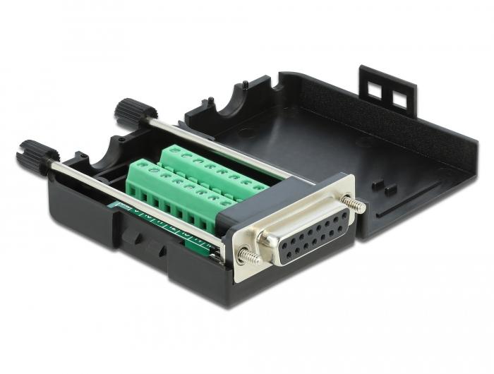 Delock Sub-D15 vrouwelijke connector naar klemmenblokadapter met behuizing - Delock