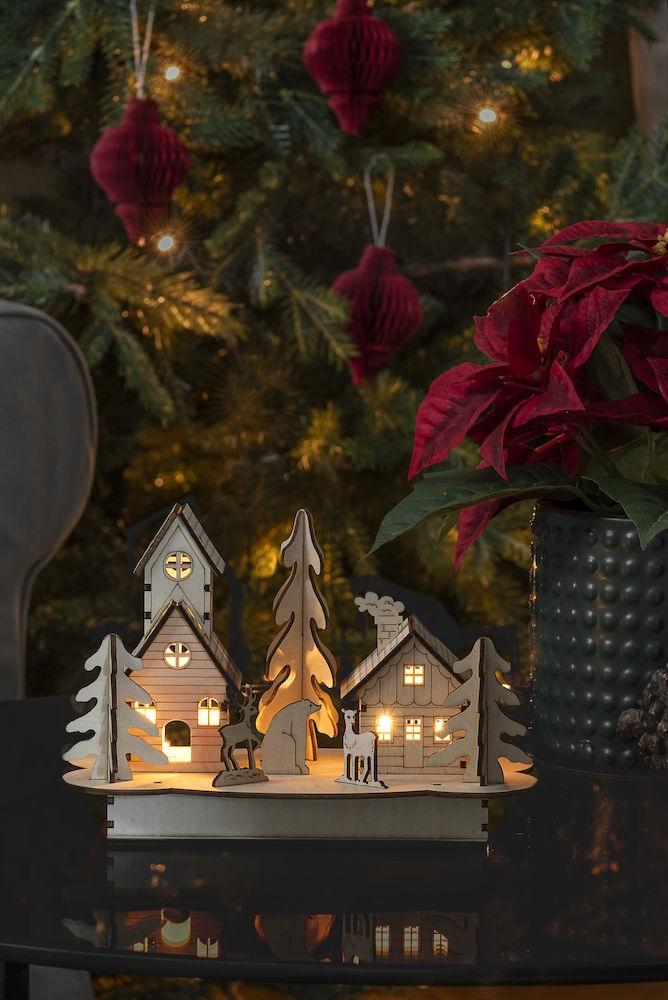 Kerstdorp - led kerstverlichting binnen - 4 lampjes - 22 x 15 cm - warm wit - 2x AA