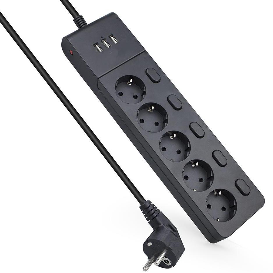 5-voudige stekkerdoos met 3 USB-poorten zwart