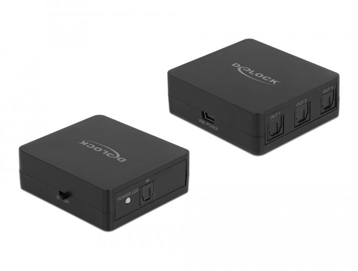 Delock S/PDIF TOSLINK Splitter 1 In 3 Out met USB voeding - Delock