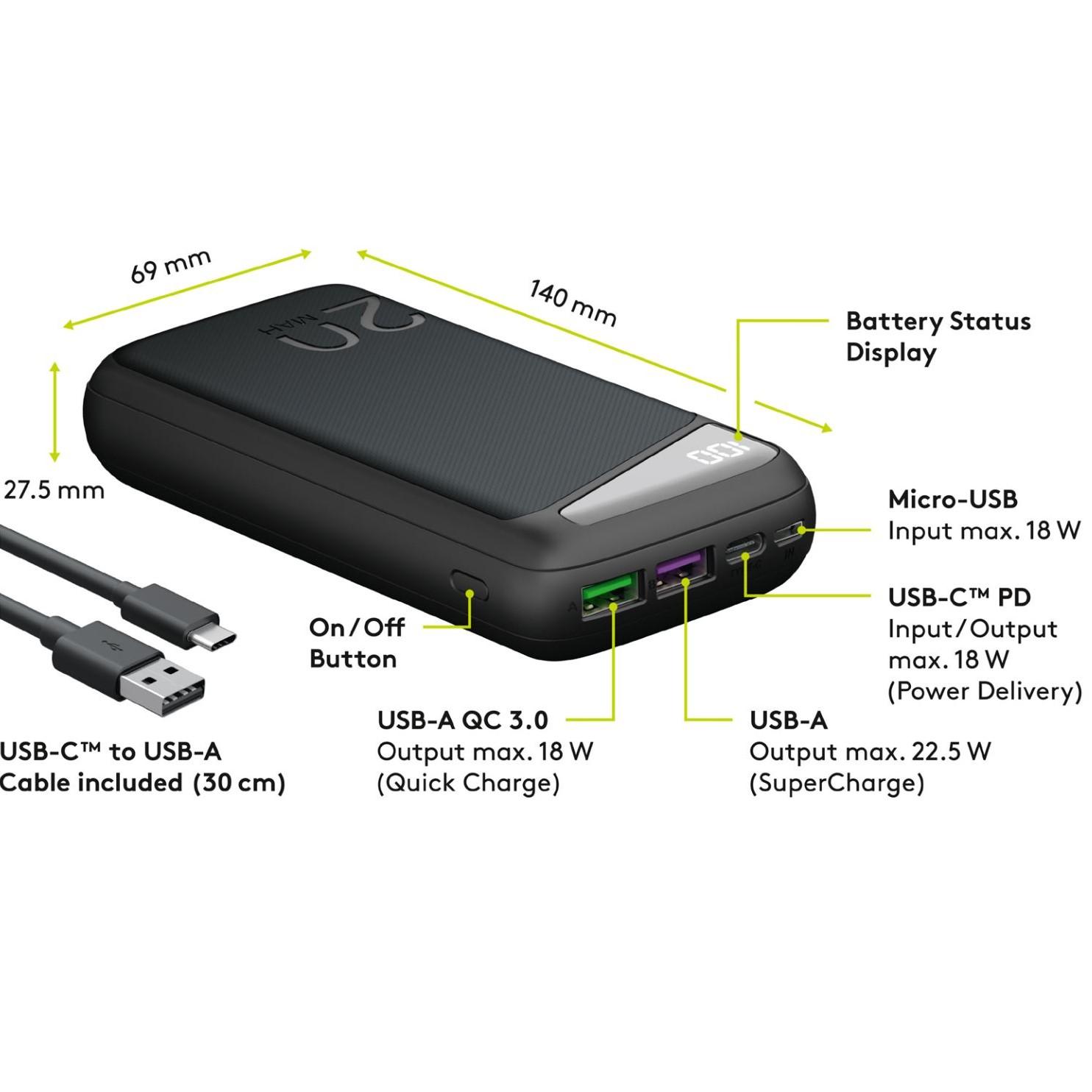 Belang snap Onderling verbinden Powerbank - Ingang: Micro USB B, USB-C Uitgang: 2x USB A, USB-C  Laadsnelheid: 5.000 mA + 2.000 mA Capaciteit: 20.000 mAh Extra: Quick  Charge 3.0, SuperCharge