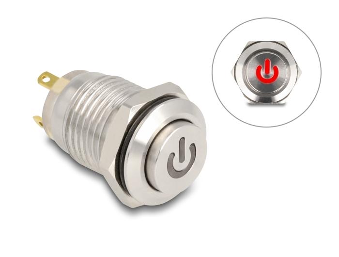 Delock Drukknop voor inbouw 12 mm 4 x soldeer aansluiting LED rood Powersymbol