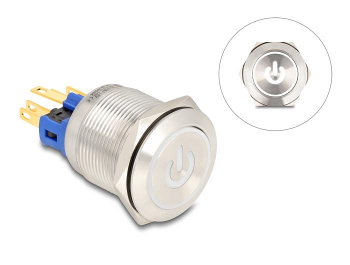Delock Drukknop voor inbouw 22 mm 6 x soldeer aansluiting LED wit Powersymbool