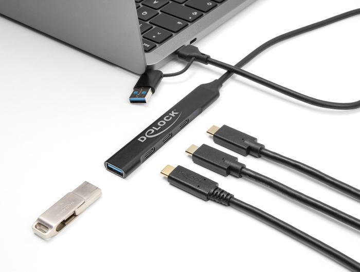 Delock 4 Port Slim USB Hub mit USB Type-C™ oder USB Typ-A zu 3 x USB 5 ...