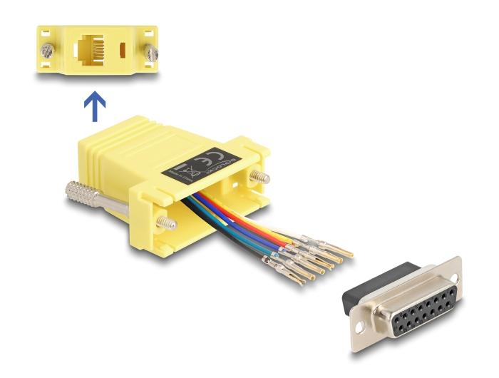 Delock D-Sub 15 Pin vrouwelijke connector naar RJ12 vrouwelijke connector montagekit geel