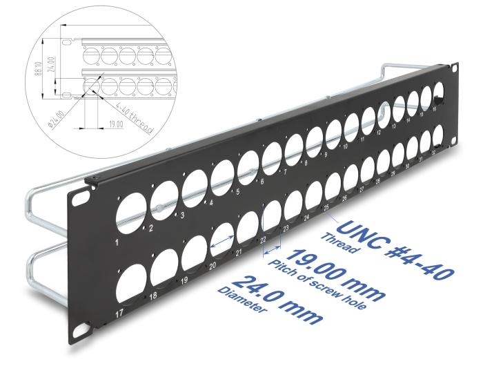 Delock 19″ D-type patchpanel met ontlastingsschienen 32 poort 2 HE zwart