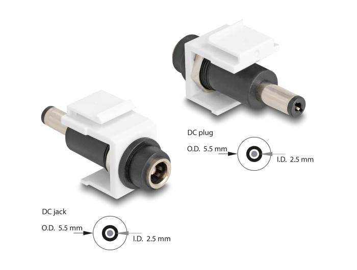 Delock Keystone module DC 5,5 x 2,5 mm connector naar DC 5,5 x 2,5 mm stekker wit
