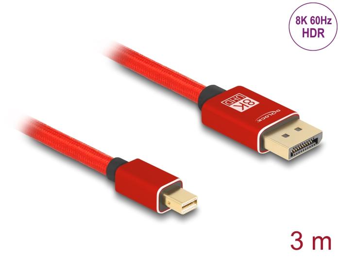 Delock Mini DisplayPort naar DisplayPort Kabel 8K 60 Hz 3 m rood Metaal zonder