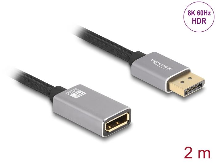 Delock DisplayPort verlengkabel 8K 60 Hz 2 m grijs metaal zonder vergrendeling