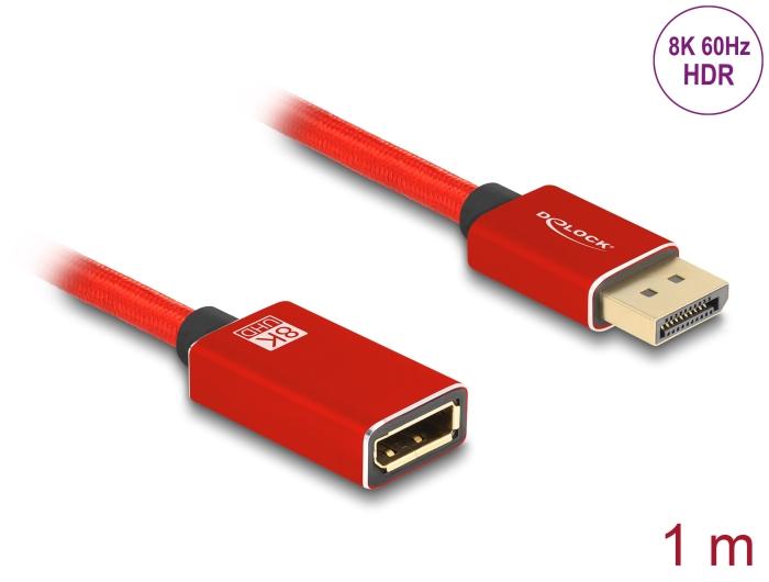Delock DisplayPort Verlengkabel 8K 60 Hz 1 m rood Metaal zonder vergrendeling