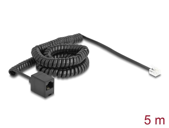 Delock Telefoonkabel / Spiralkabel RJ11 Stekker naar RJ45 Aansluiting zwart 5 m