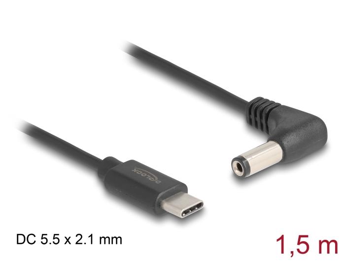 Delock USB Type-C™ stroomkabel naar DC 5,5 x 2,1 mm connector gehoekte 1,5 m