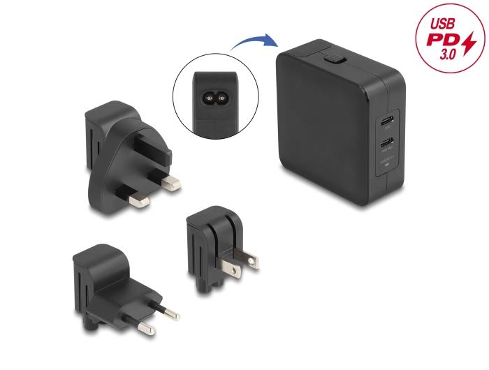 Delock USB GaN oplader 2 x USB Type-C™ PD 3.0 met 65 W inclusief stroom