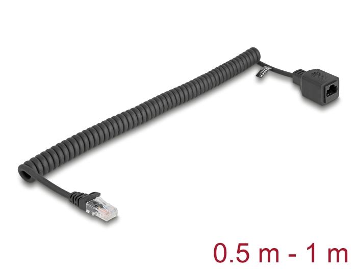 Delock RJ45 Spiralkabel Stekker naar Aansluiting Cat.5e UTP 0,5 m tot 1 m zwart