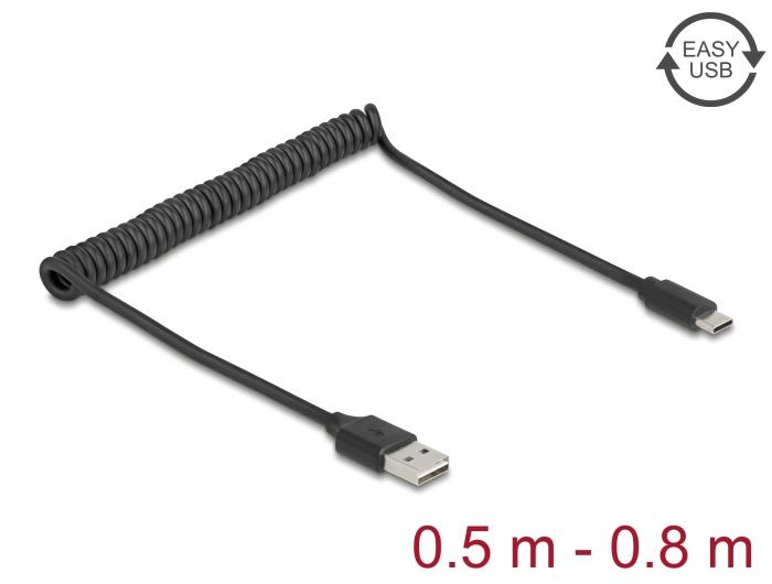 Delock Spiralkabel EASY-USB 2.0 Type-A Stekker naar USB Type-C™ Stekker 0,5