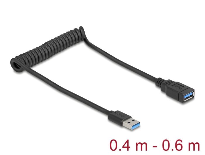 Delock USB 5 Gbps Spiralkabel Type-A Stekker naar Type-A Aansluiting 0,4 m tot 0,6