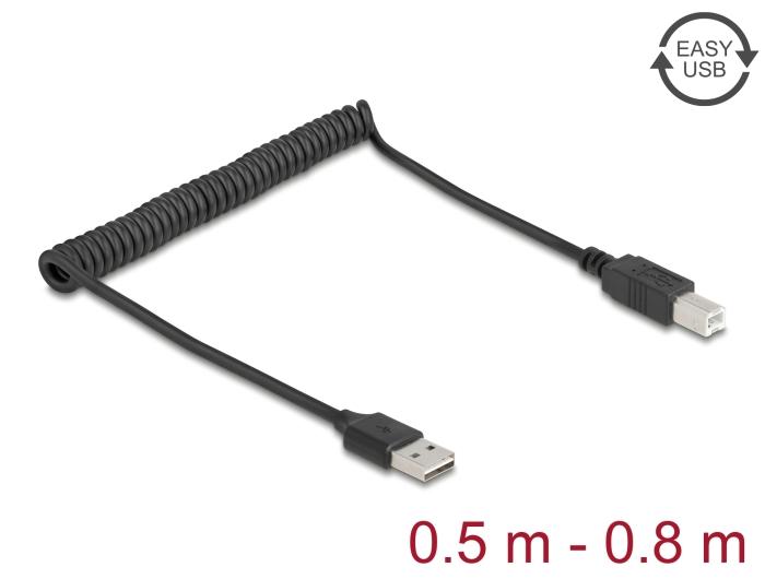 Delock Spiralkabel EASY-USB 2.0 Type-A Stekker naar USB Type-B Stekker 0,5 m b