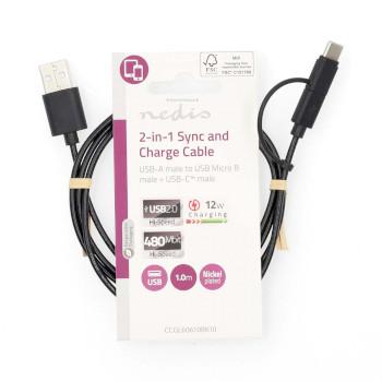 2-in-1-Kabel USB 2.0 USB-A Male USB Micro-B Male / USB-C™ Male - Nedis