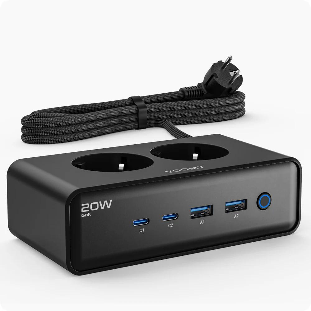 Stekkerdoos met 2 stopcontacten, 2× USB C en 2× USB A