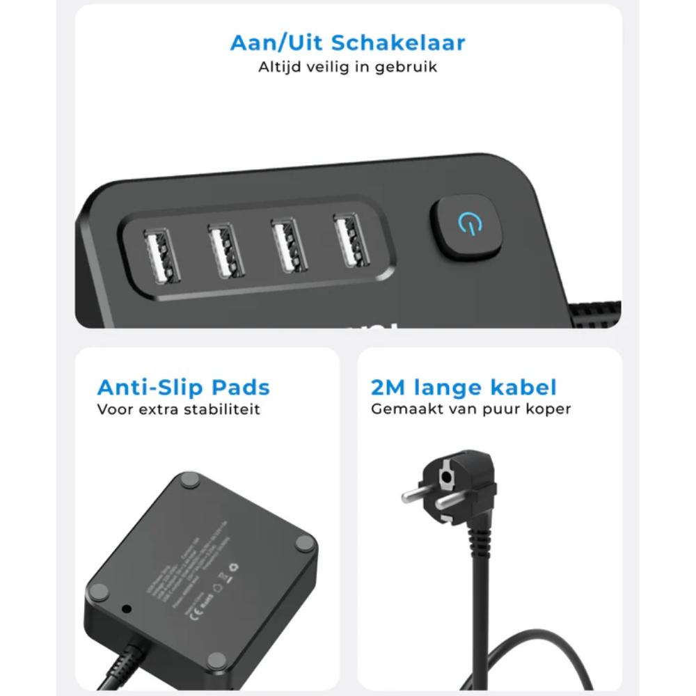 Stekkerdoos 2-voudig met 4× USB-A aansluiting en netsnoer