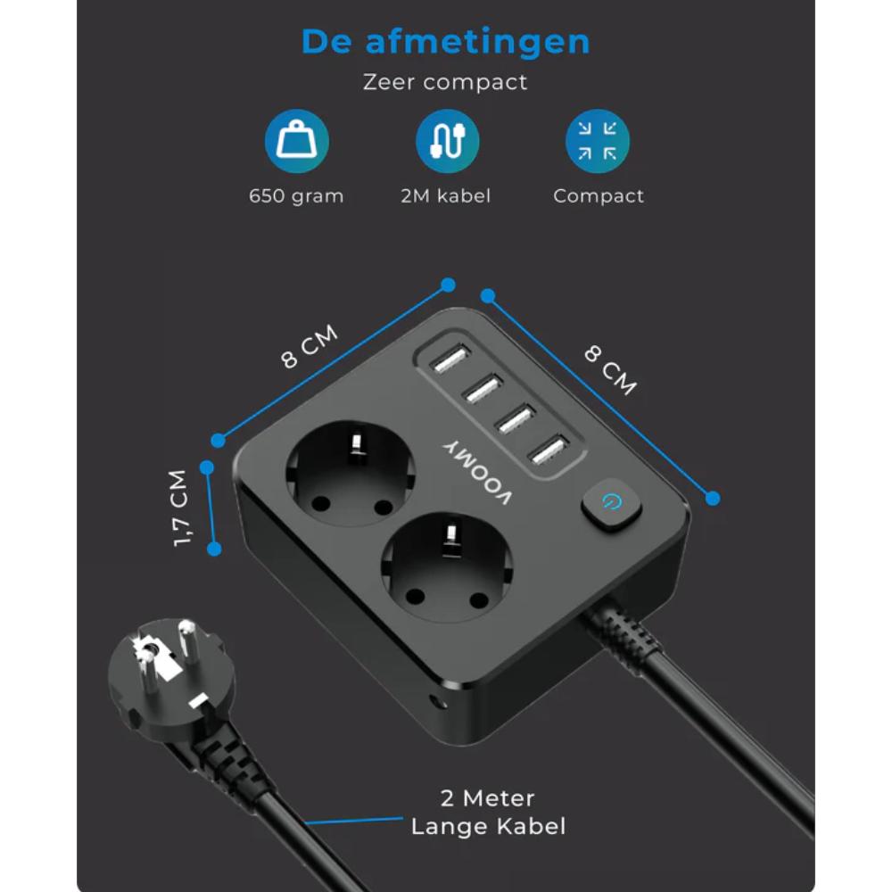 Stekkerdoos 2-voudig met 4× USB-A aansluiting en netsnoer