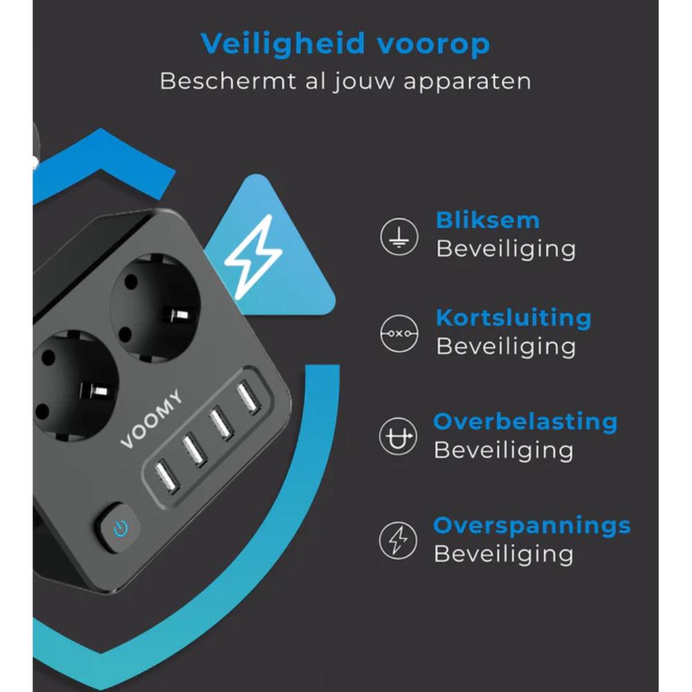 Stekkerdoos 2-voudig met 4× USB-A aansluiting en netsnoer