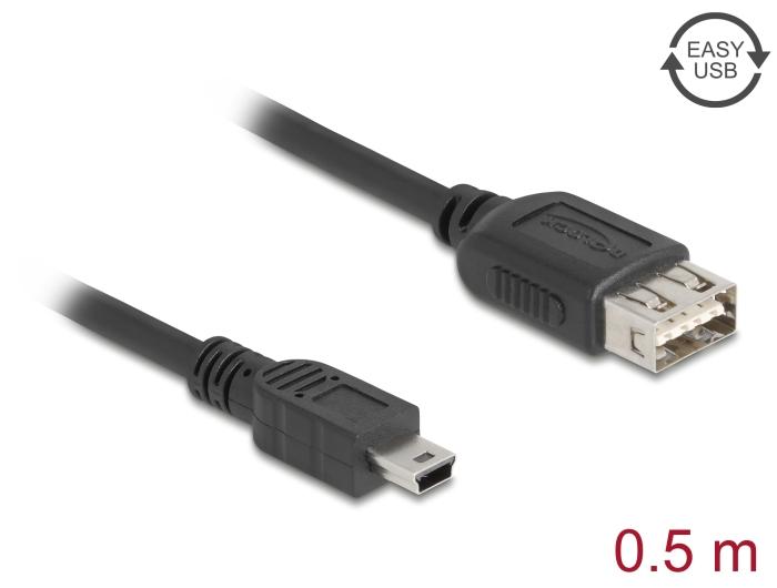 Delock USB 2.0 Kabel USB Mini-B Stekker naar EASY USB Type-A Aansluiting 0,5 m