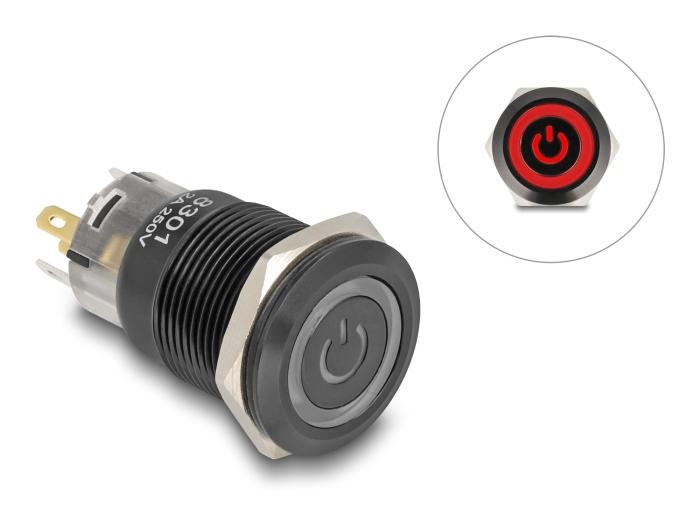 Delock Drukknop zwart 19 mm 12 V 5 x soldeer aansluiting LED rood