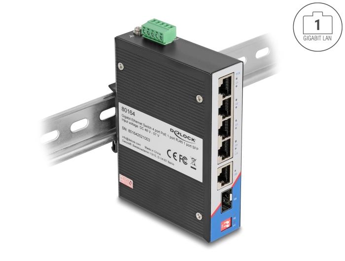 Delock Industrie Gigabit Ethernet Switch 4-poorts PoE 1-poorts RJ45 1-poorts SFP